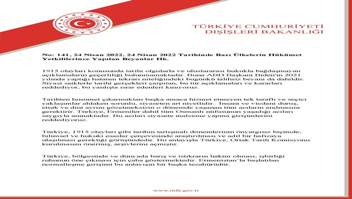 No: 141, 24 Nisan 2022, 24 Nisan 2022 Tarihinde Bazı Ülkelerin Hükümet Yetkililerince Yapılan Beyanlar Hk.